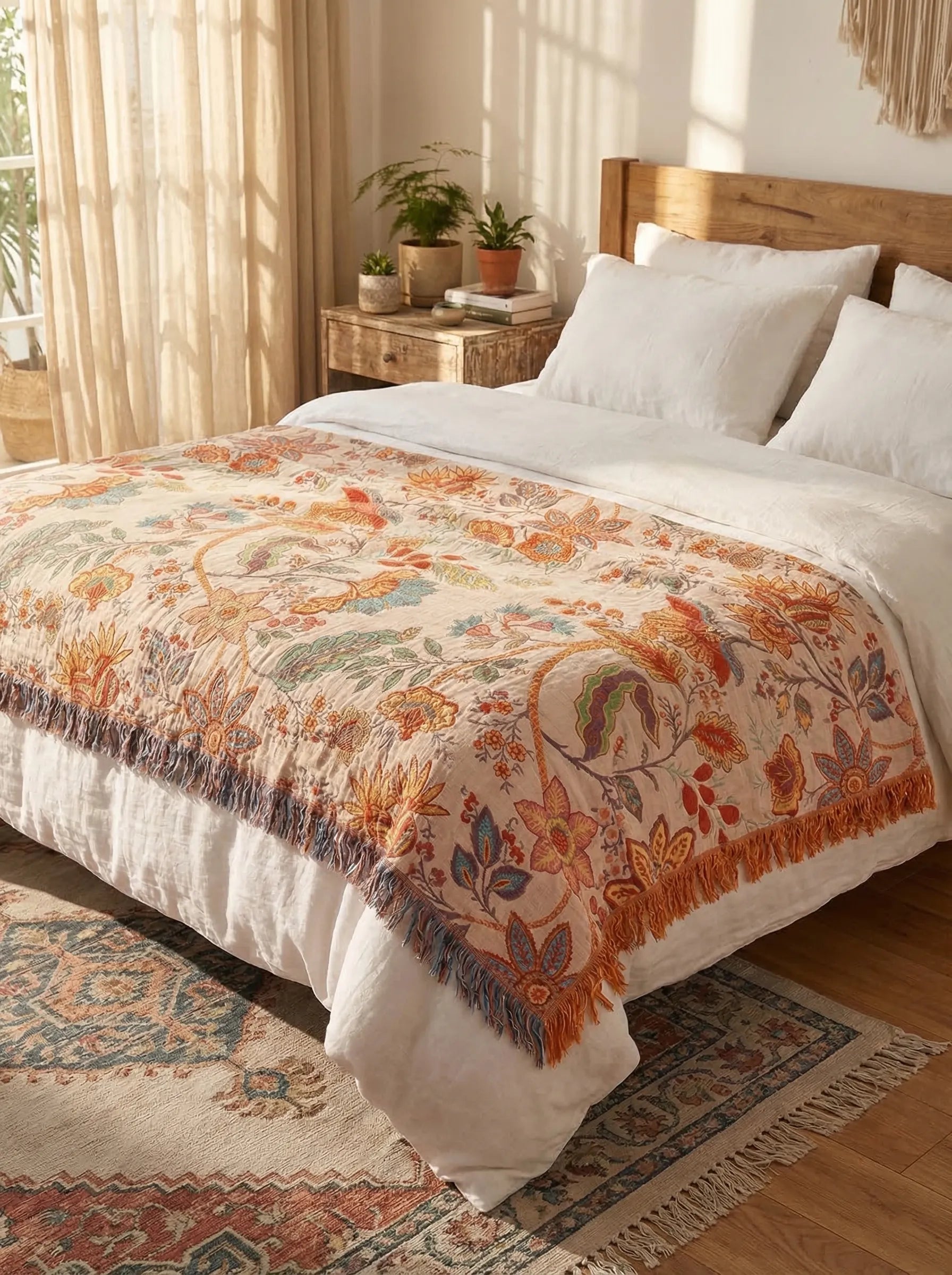 Manta Boho Floral De Algodón | Manta Decorativa Para Sofá O Cama-Blanket-SeemSeem