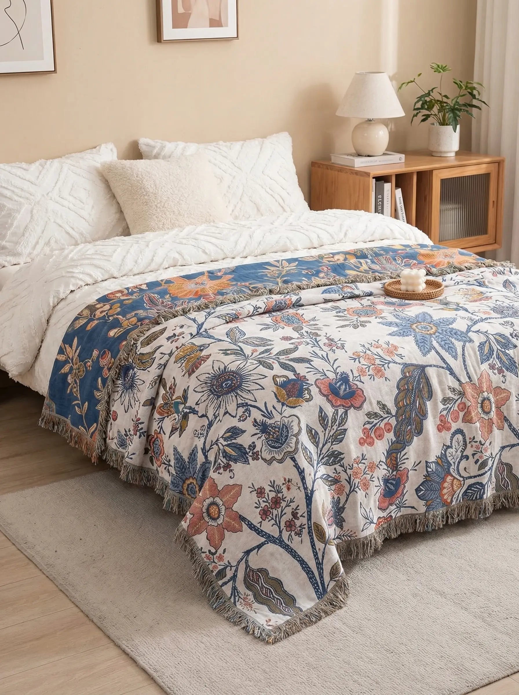 Manta Floral De Algodón Para Sofá | Manta Decorativa Para Cama-Blanket-SeemSeem