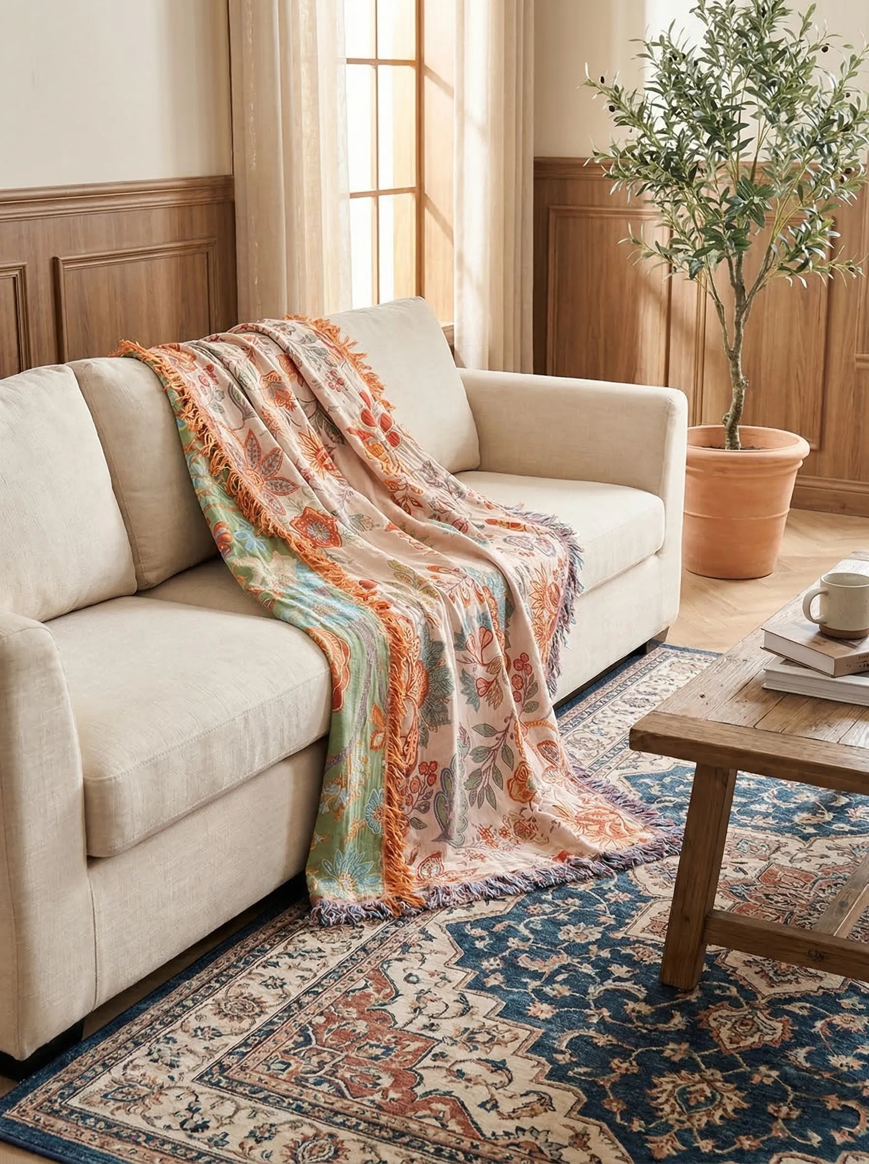 Manta Boho Floral De Algodón | Manta Decorativa Para Sofá O Cama-Blanket-SeemSeem