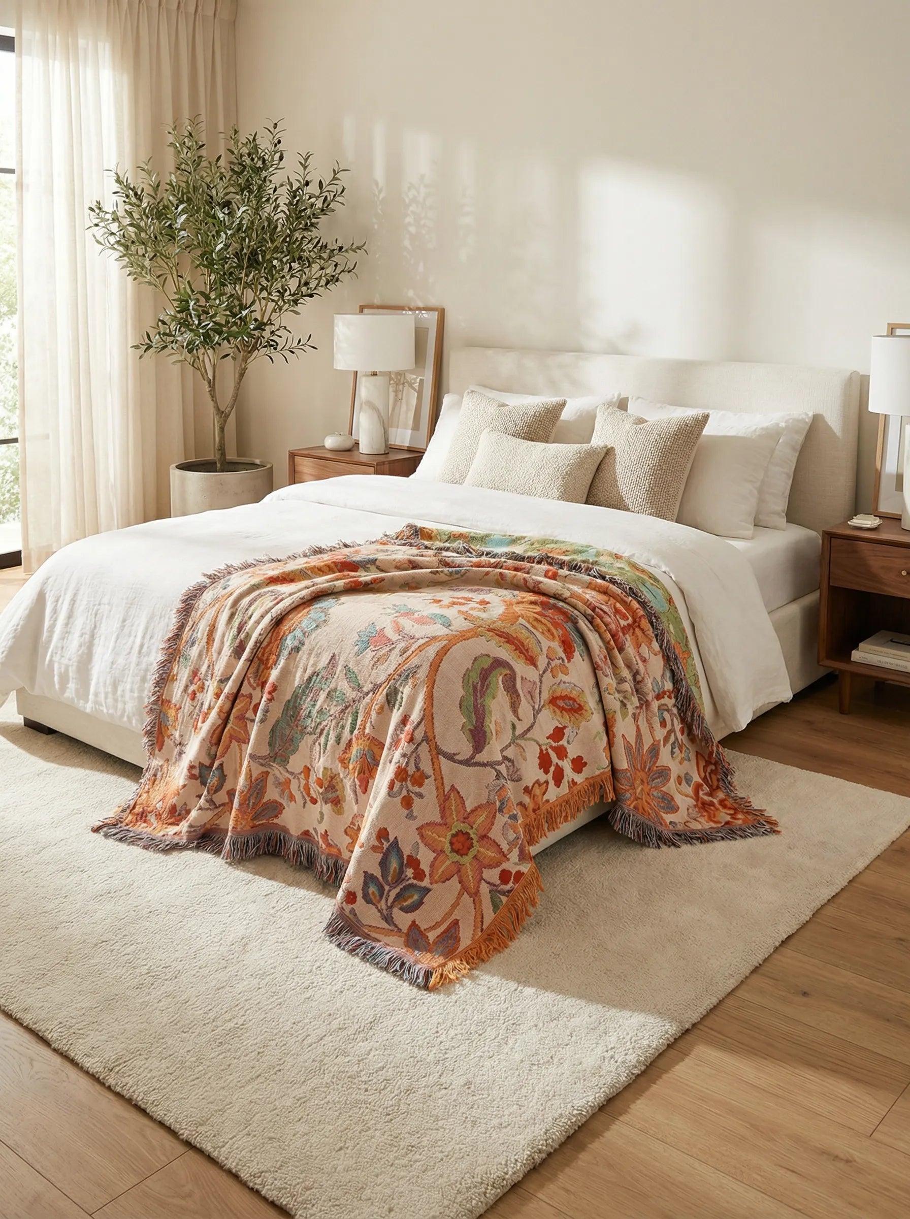 Manta Boho Floral De Algodón | Manta Decorativa Para Sofá O Cama-Blanket-SeemSeem