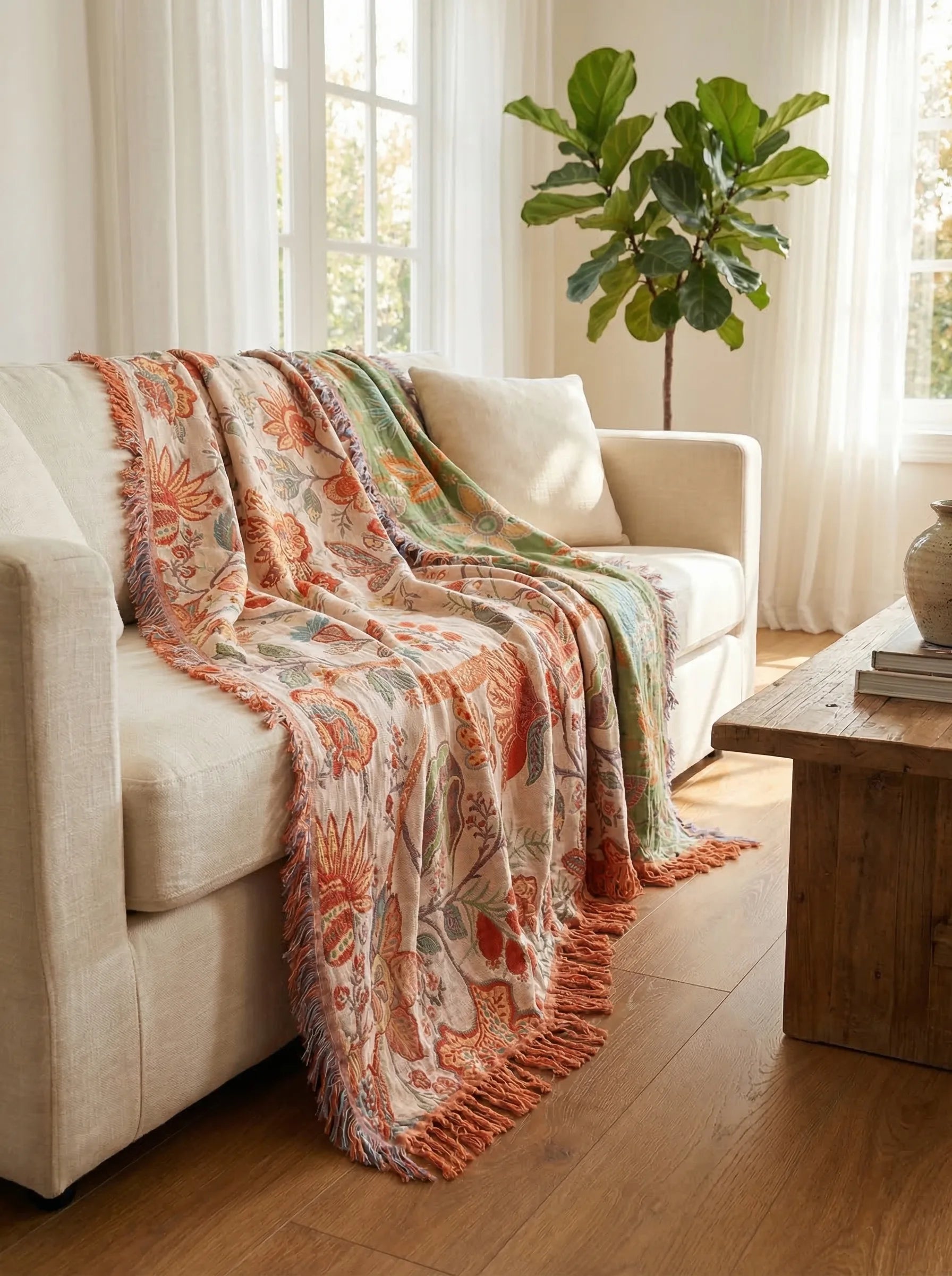 Manta Boho Floral De Algodón | Manta Decorativa Para Sofá O Cama-Blanket-SeemSeem