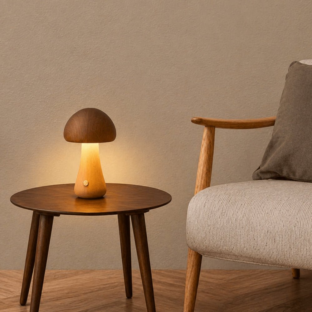 Lámpara De Mesa Hongo | Diseño Nórdico De Madera Con Luz Ambiental-Lamp-SeemSeem