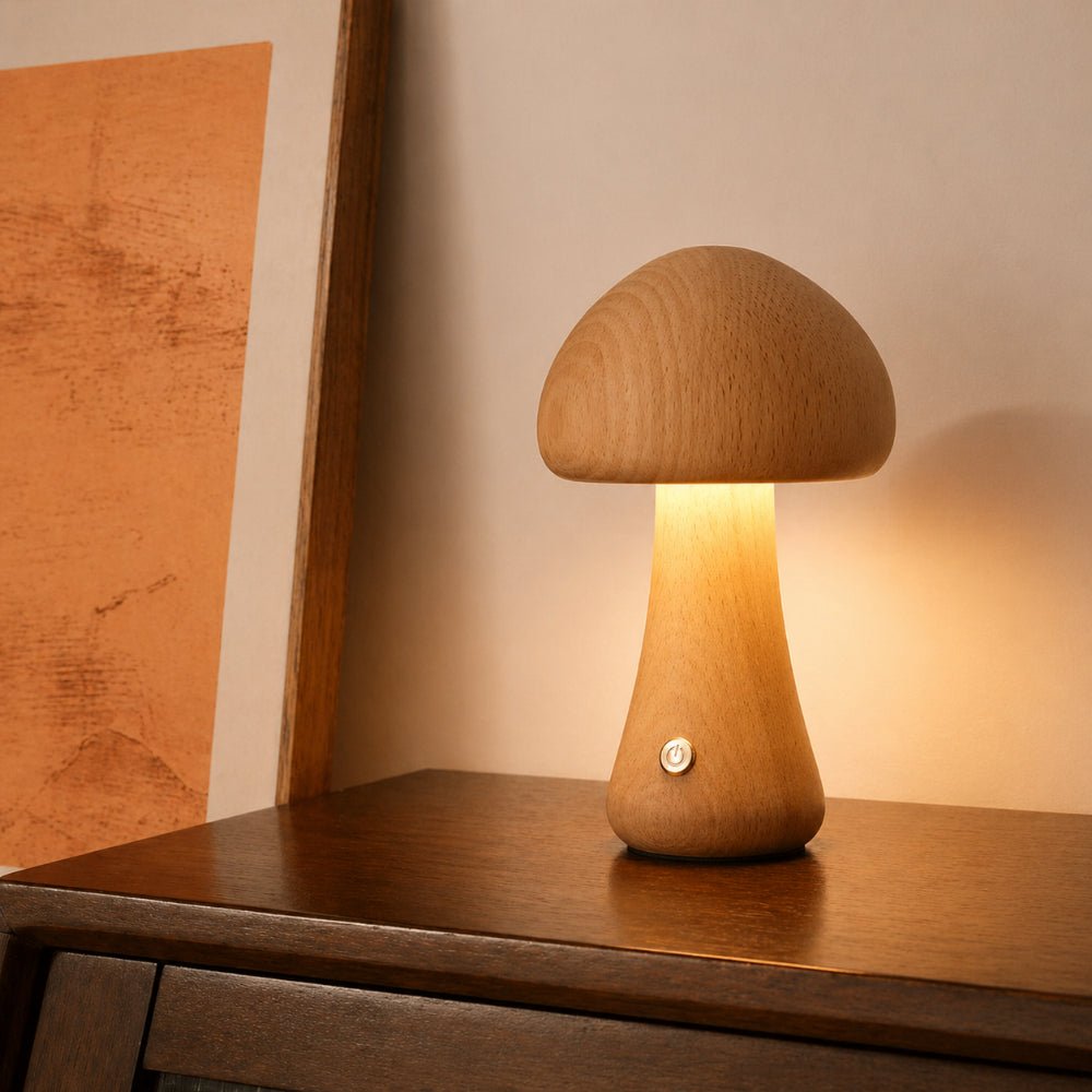 Lámpara De Mesa Hongo | Diseño Nórdico De Madera Con Luz Ambiental-Lamp-SeemSeem