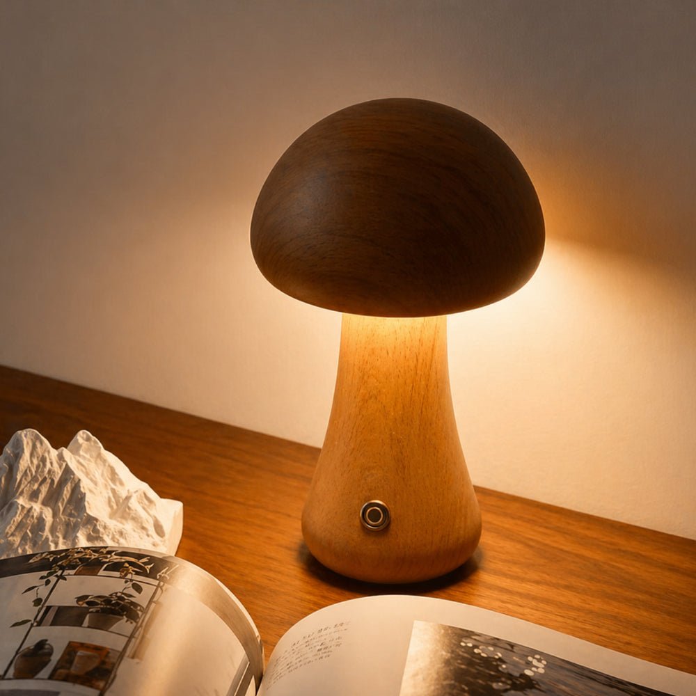 Lámpara De Mesa Hongo | Diseño Nórdico De Madera Con Luz Ambiental-Lamp-SeemSeem