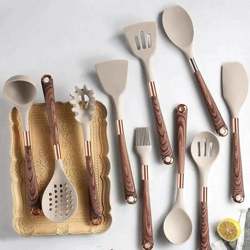 Set De Utensilios De Cocina De Silicona | Kit Antiadherente Con Acabado Madera-Utensils-SeemSeem