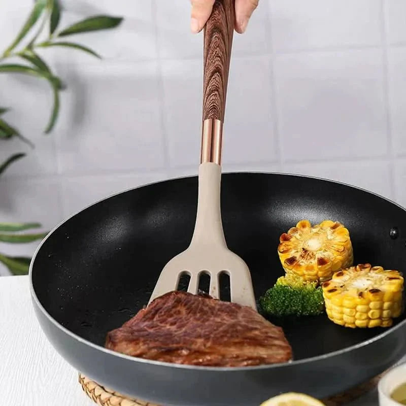 Set De Utensilios De Cocina De Silicona | Kit Antiadherente Con Acabado Madera-Utensils-SeemSeem