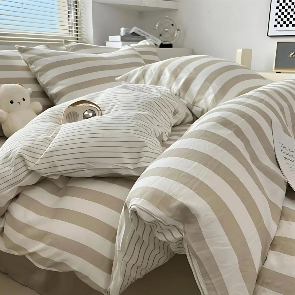 Juego de Cama a Rayas Beige | Patrón Horizontal Fundas y Ropa de Cama-bedding-SeemSeem