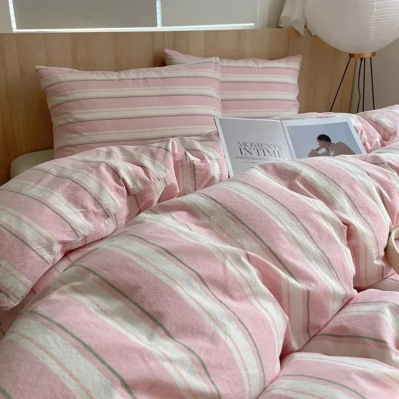 Juego de Cama a Rayas Rosa | Patrón Horizontal Fundas y Ropa de Cama-Bedding-SeemSeem