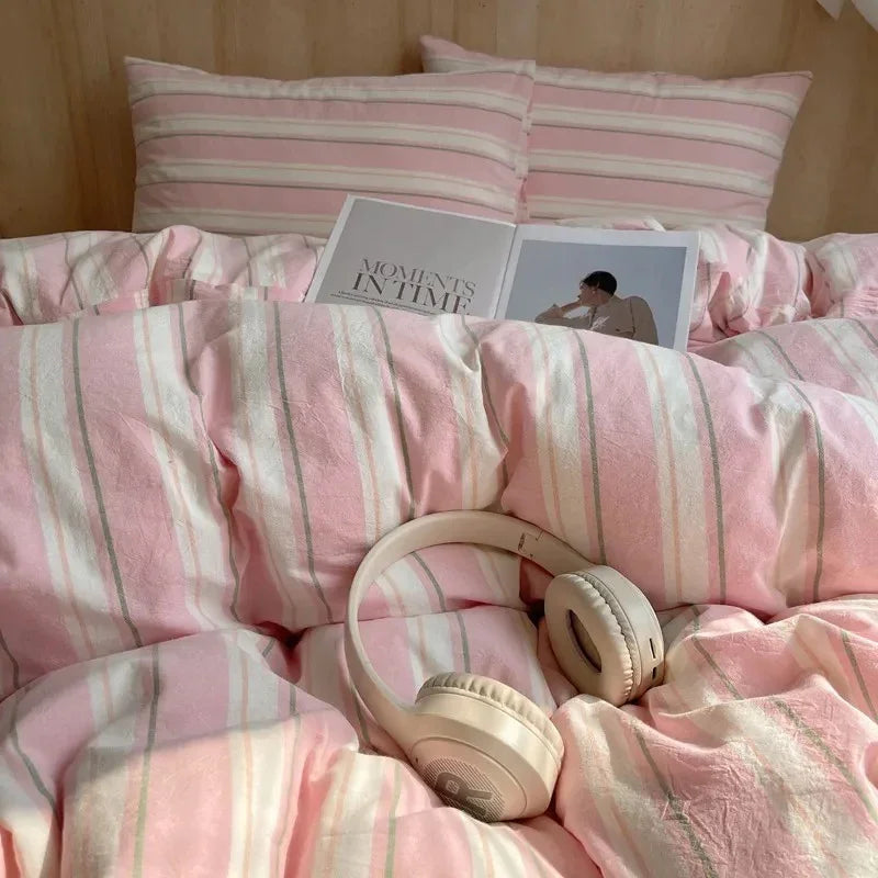 Juego de Cama a Rayas Rosa | Patrón Horizontal Fundas y Ropa de Cama-Bedding-SeemSeem