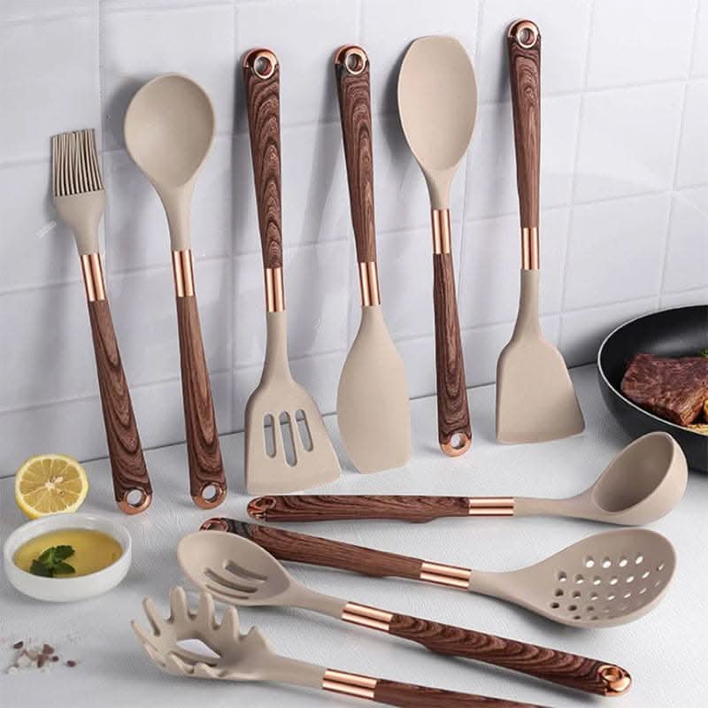 Set De Utensilios De Cocina De Silicona | Kit Antiadherente Con Acabado Madera-Utensils-SeemSeem