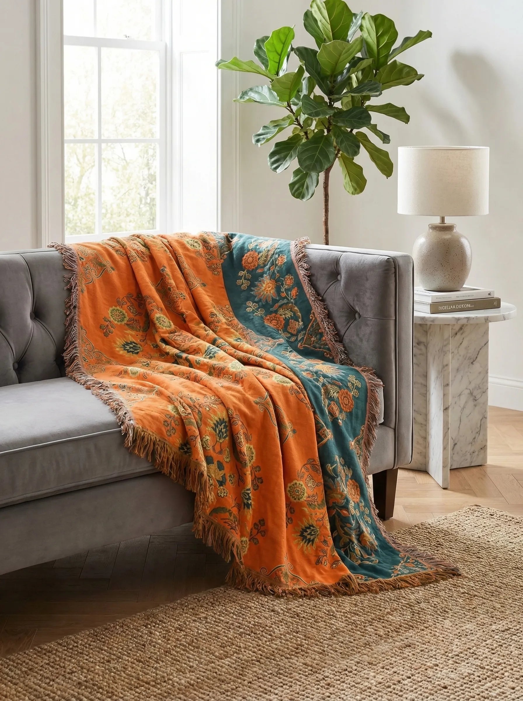 Manta Reversible Floral Para Sofá | Manta Decorativa De Algodón Para Cama-Blanket-SeemSeem