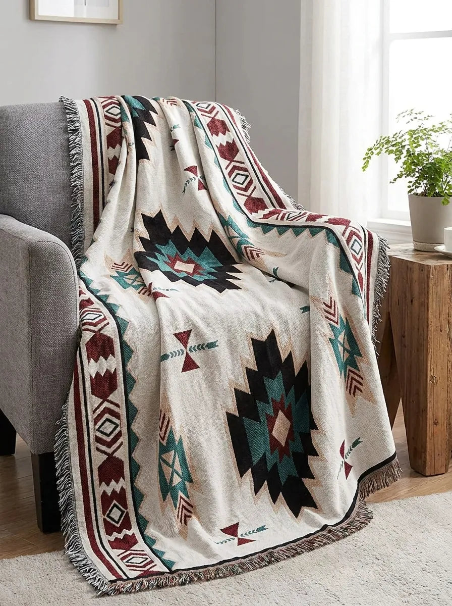Manta Decorativa Bohemia | Diseño Geométrico Con Flecos-Blanket-SeemSeem