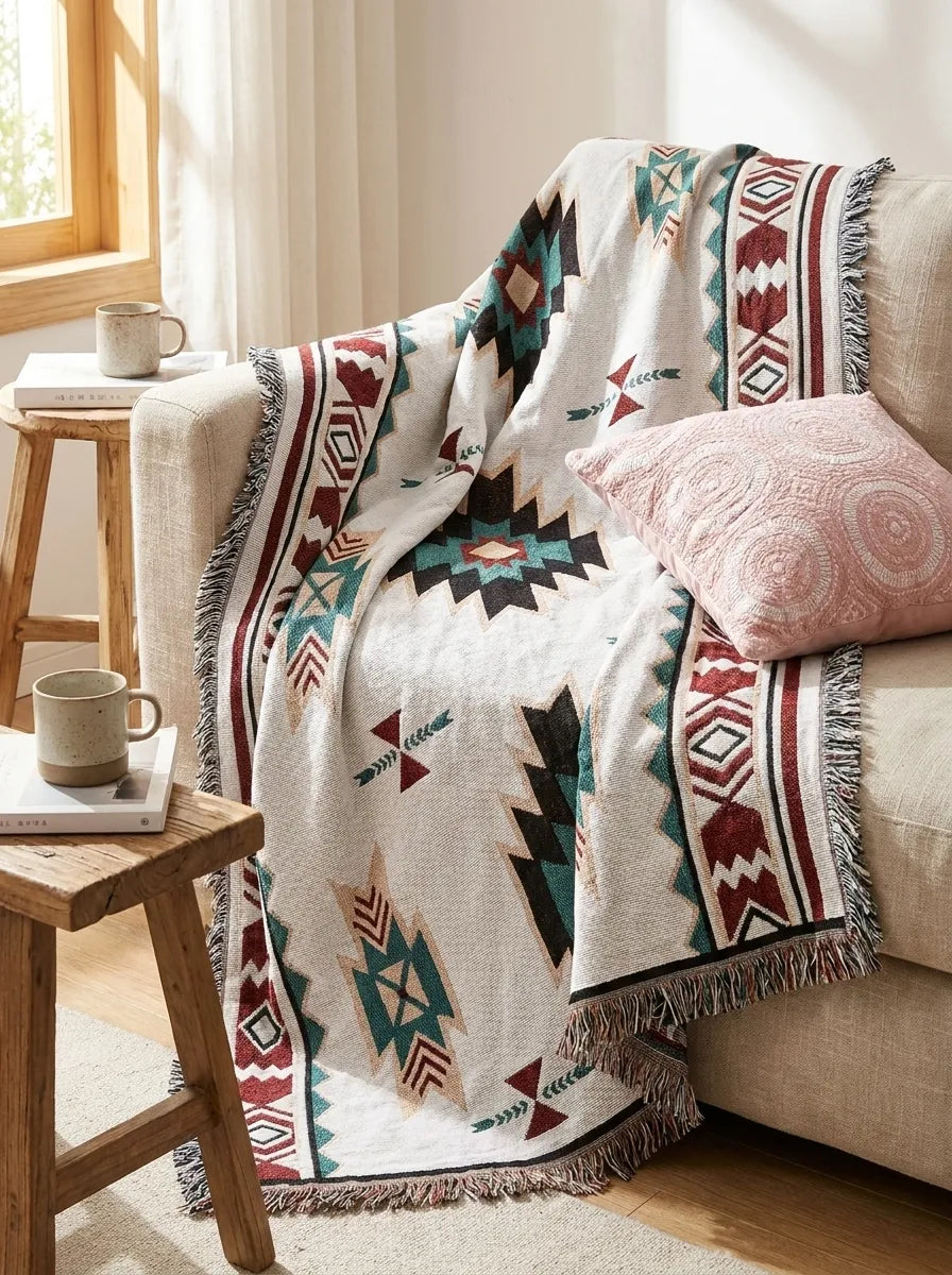 Manta Decorativa Bohemia | Diseño Geométrico Con Flecos-Blanket-SeemSeem