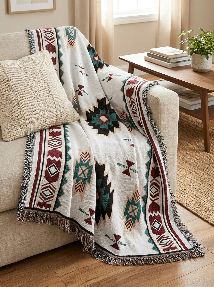Manta Decorativa Bohemia | Diseño Geométrico Con Flecos-Blanket-SeemSeem