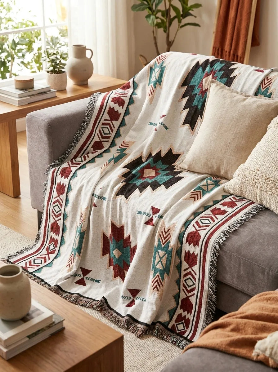 Manta Decorativa Bohemia | Diseño Geométrico Con Flecos-Blanket-SeemSeem