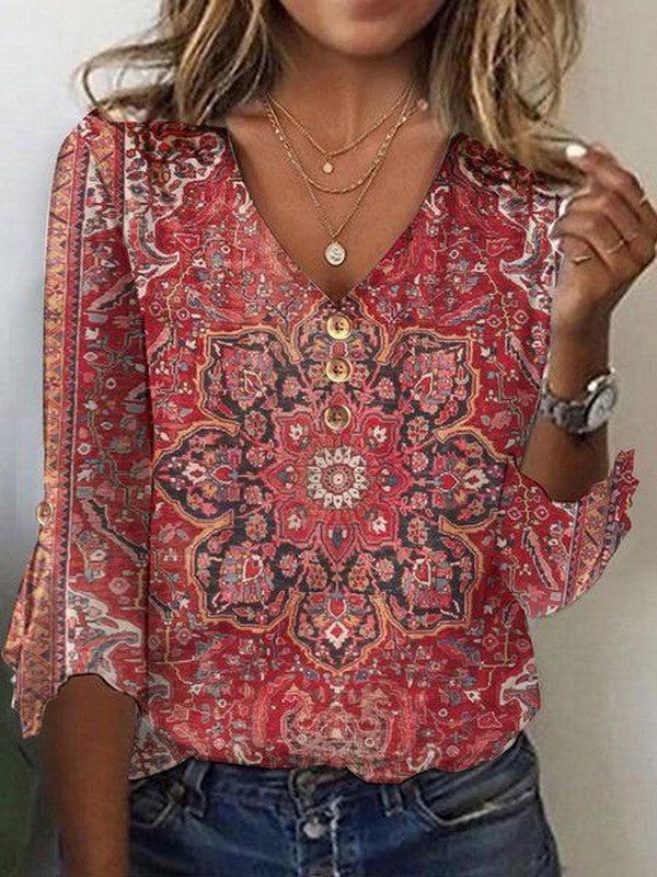 Blusa Con Cuello De Pico Para Mujer | Estampado Bohemio · SeemSeem
