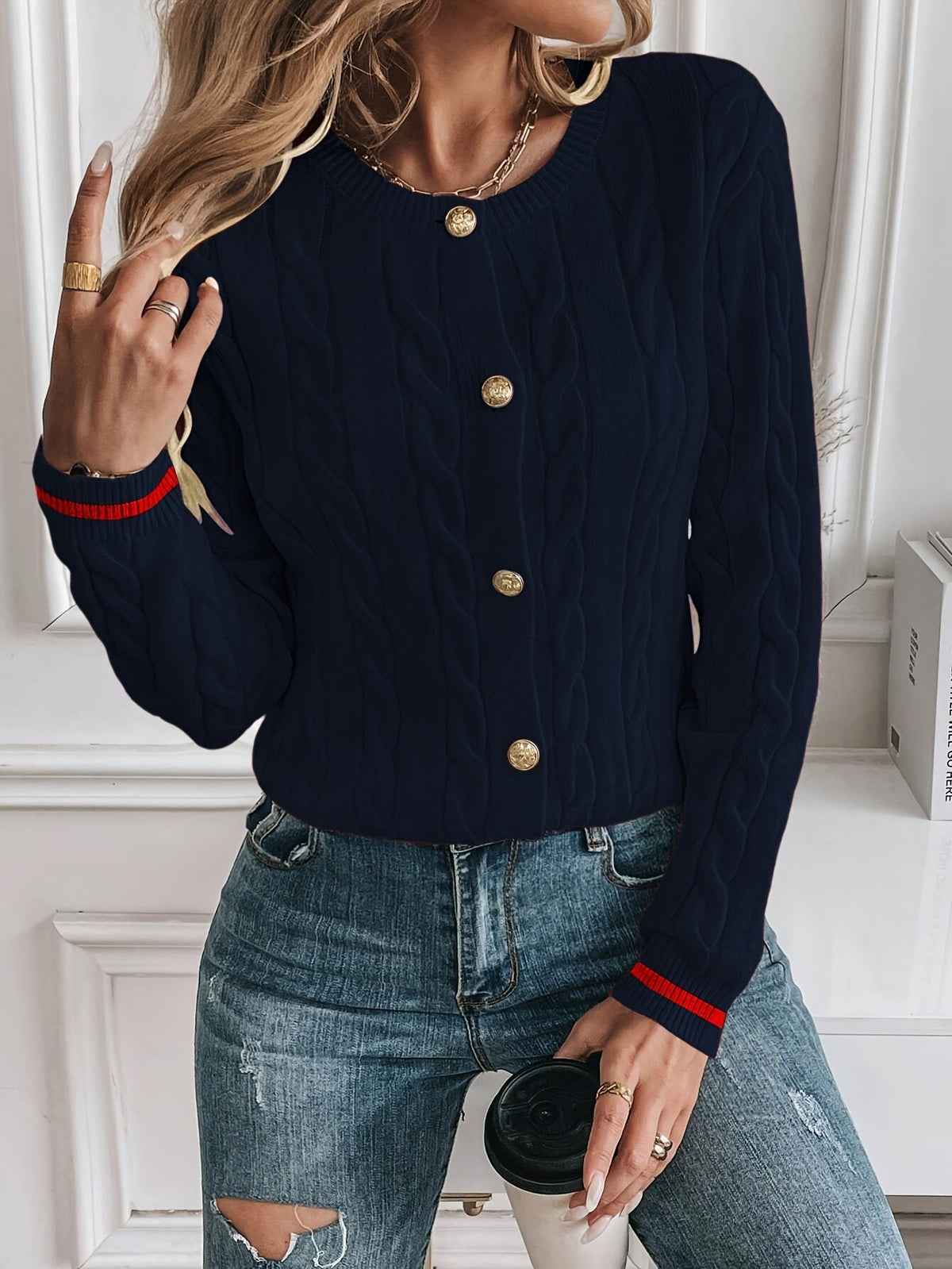 Cárdigan De Punto Trenzado Para Mujer | Botones Dorados · SeemSeem
