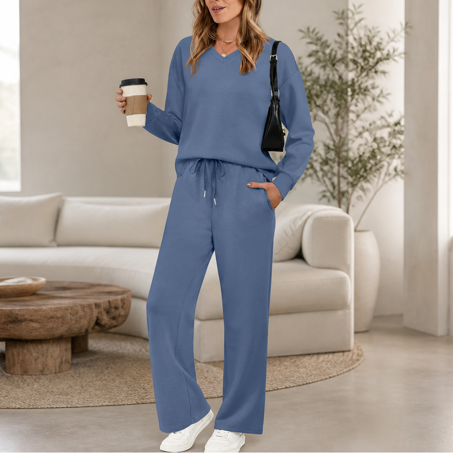 Conjunto De Estar Por Casa Con Cuello De Pico Para Mujer | Pantalón Ancho · SeemSeem