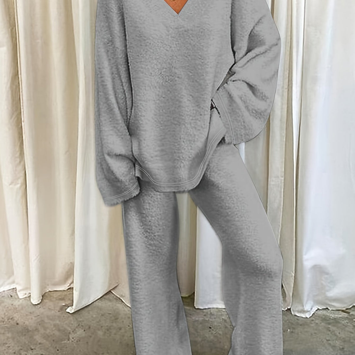 Conjunto De Estar Por Casa Con Cuello De Pico Para Mujer | Pantalón Ancho · SeemSeem