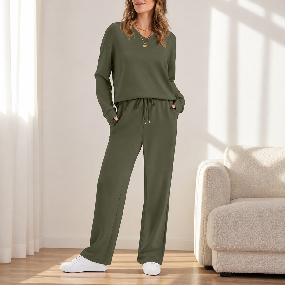 Conjunto De Estar Por Casa Con Cuello De Pico Para Mujer | Pantalón Ancho · SeemSeem