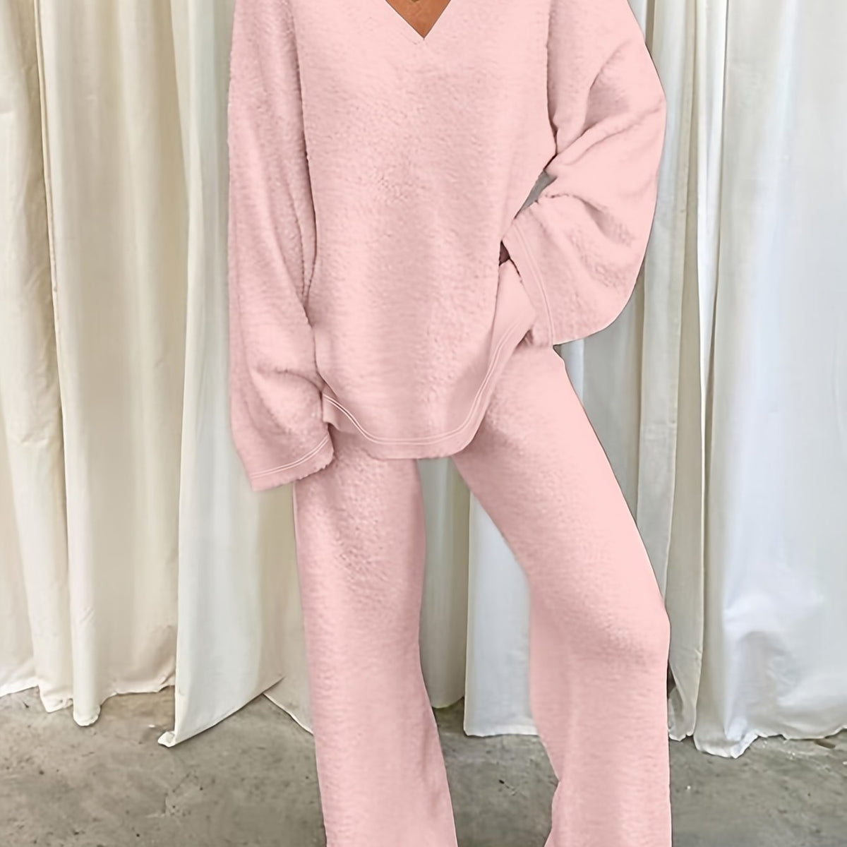 Conjunto De Estar Por Casa Con Cuello De Pico Para Mujer | Pantalón Ancho · SeemSeem