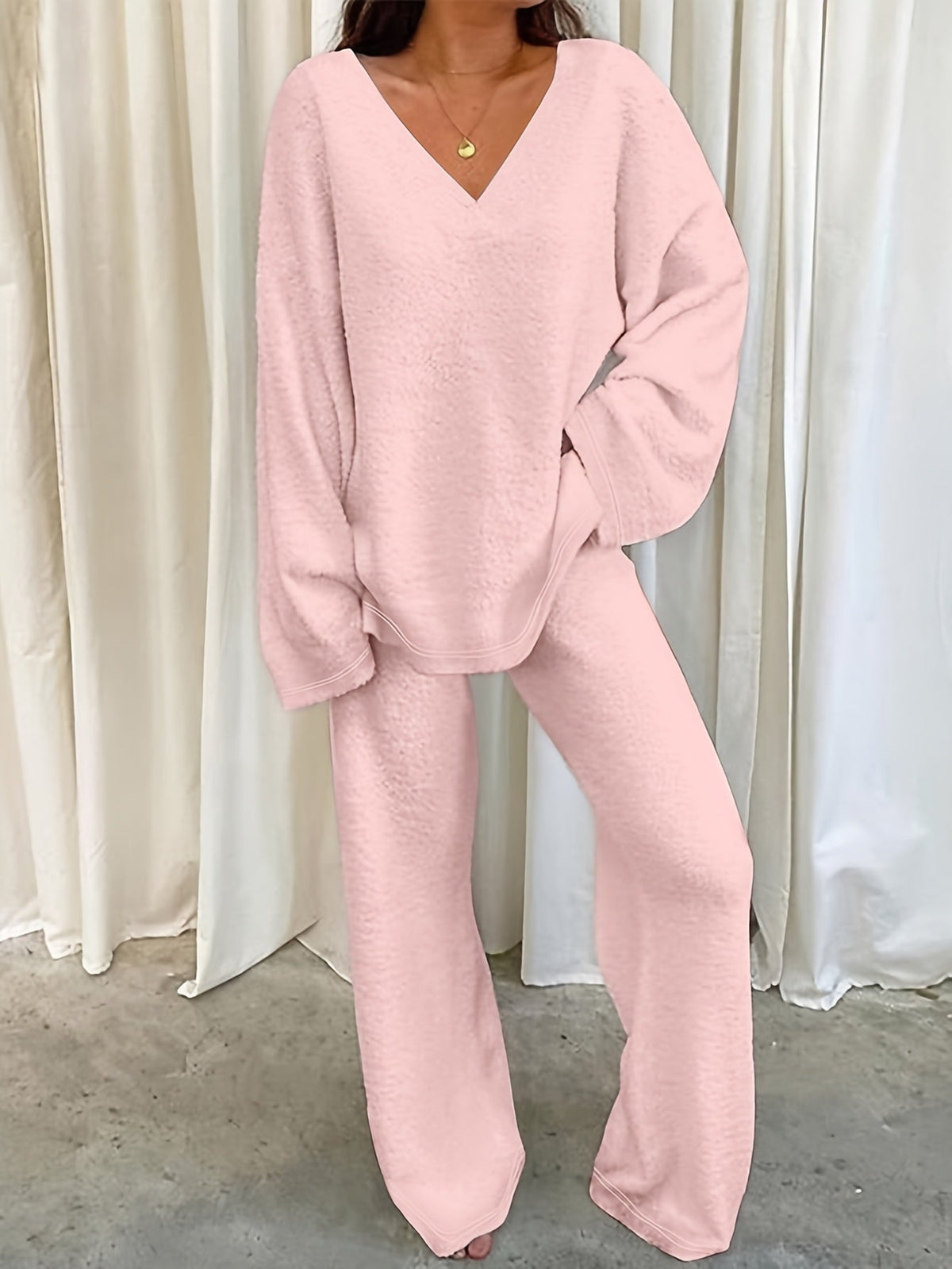 Conjunto De Estar Por Casa Con Cuello De Pico Para Mujer | Pantalón Ancho · SeemSeem