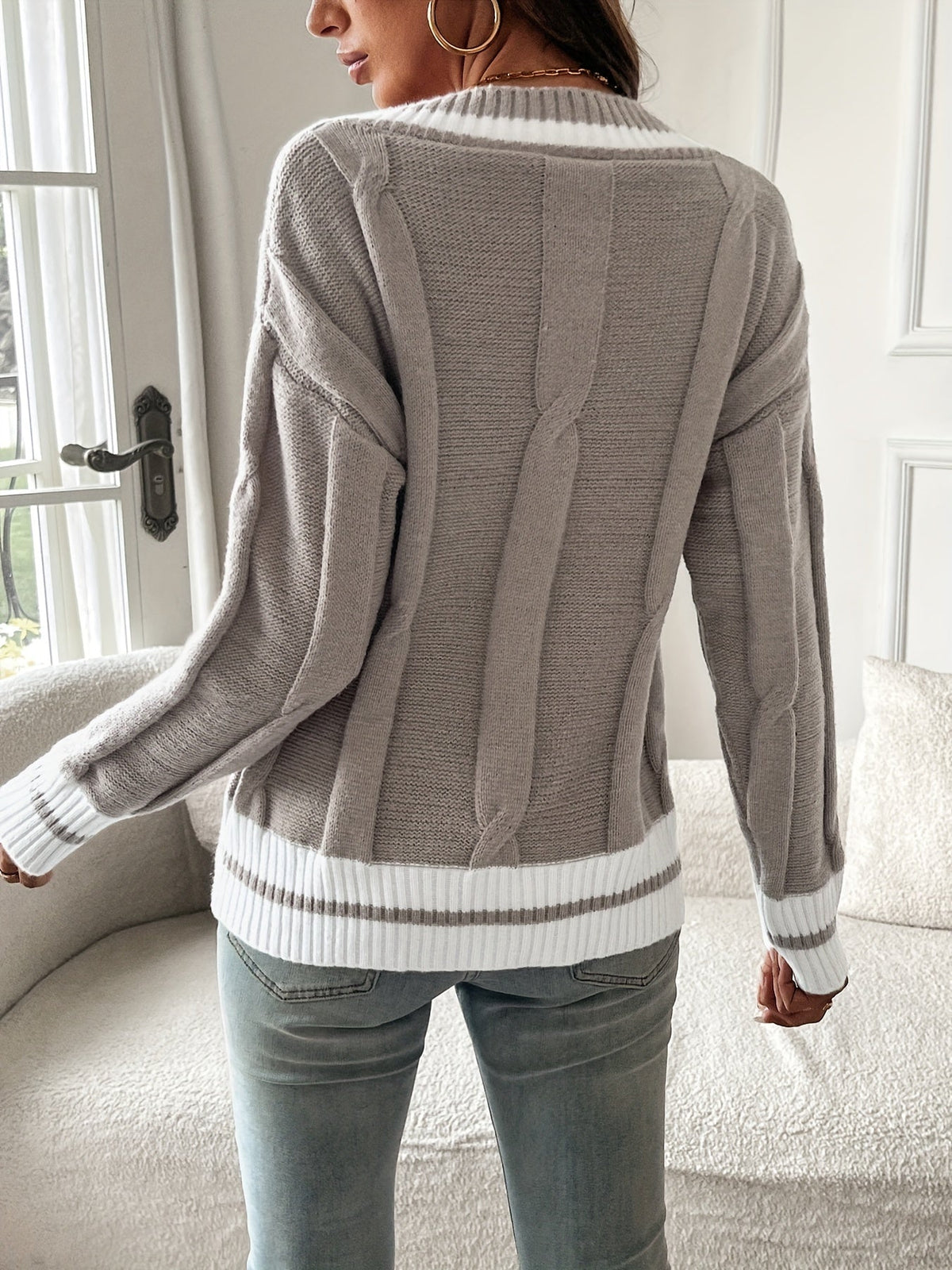 Jersey Con Cuello De Pico Para Mujer | Rayas Contrastantes · SeemSeem