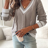 Jersey Con Cuello De Pico Para Mujer | Rayas Contrastantes
