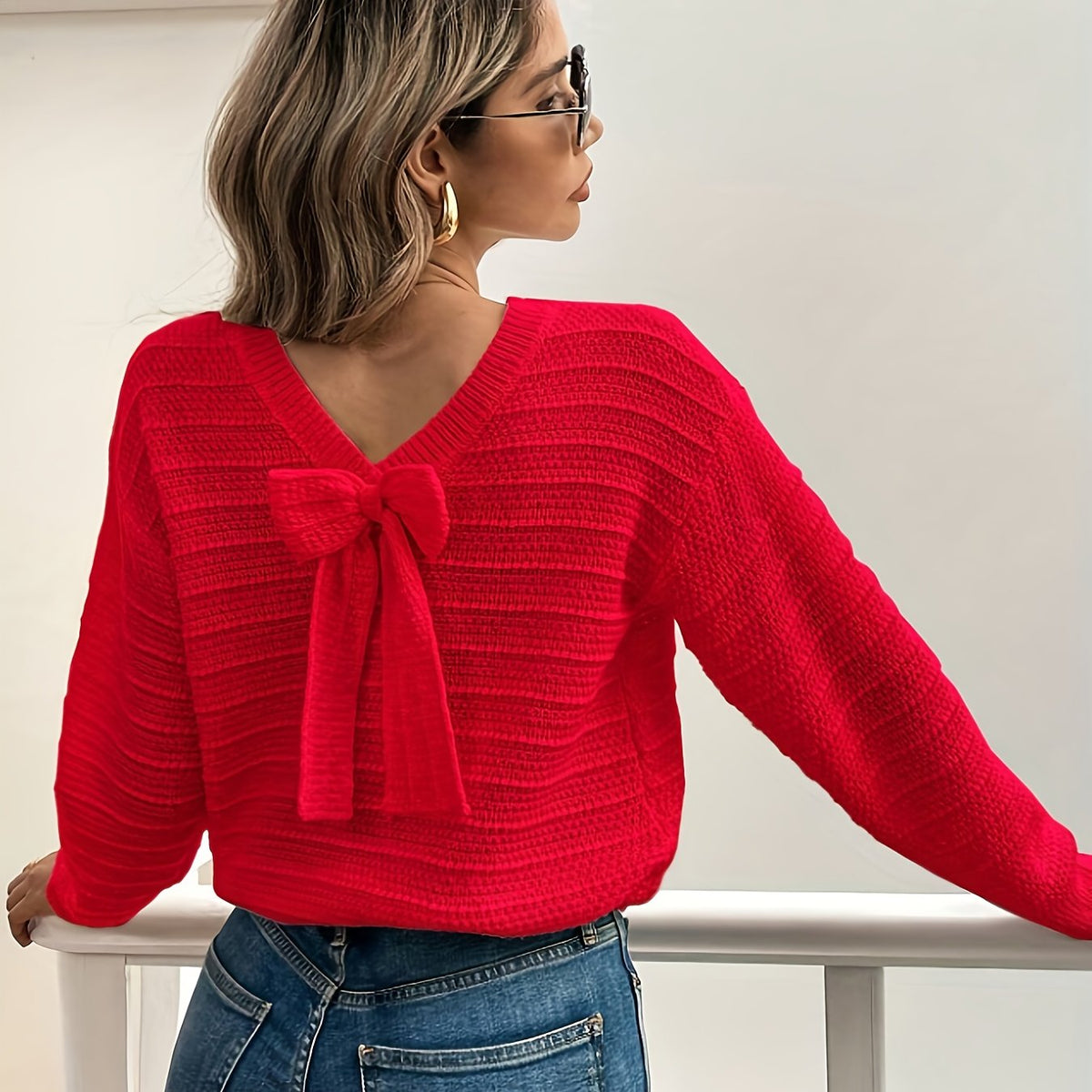 Jersey De Punto Con Lazo Para Mujer | Escote Pico · SeemSeem