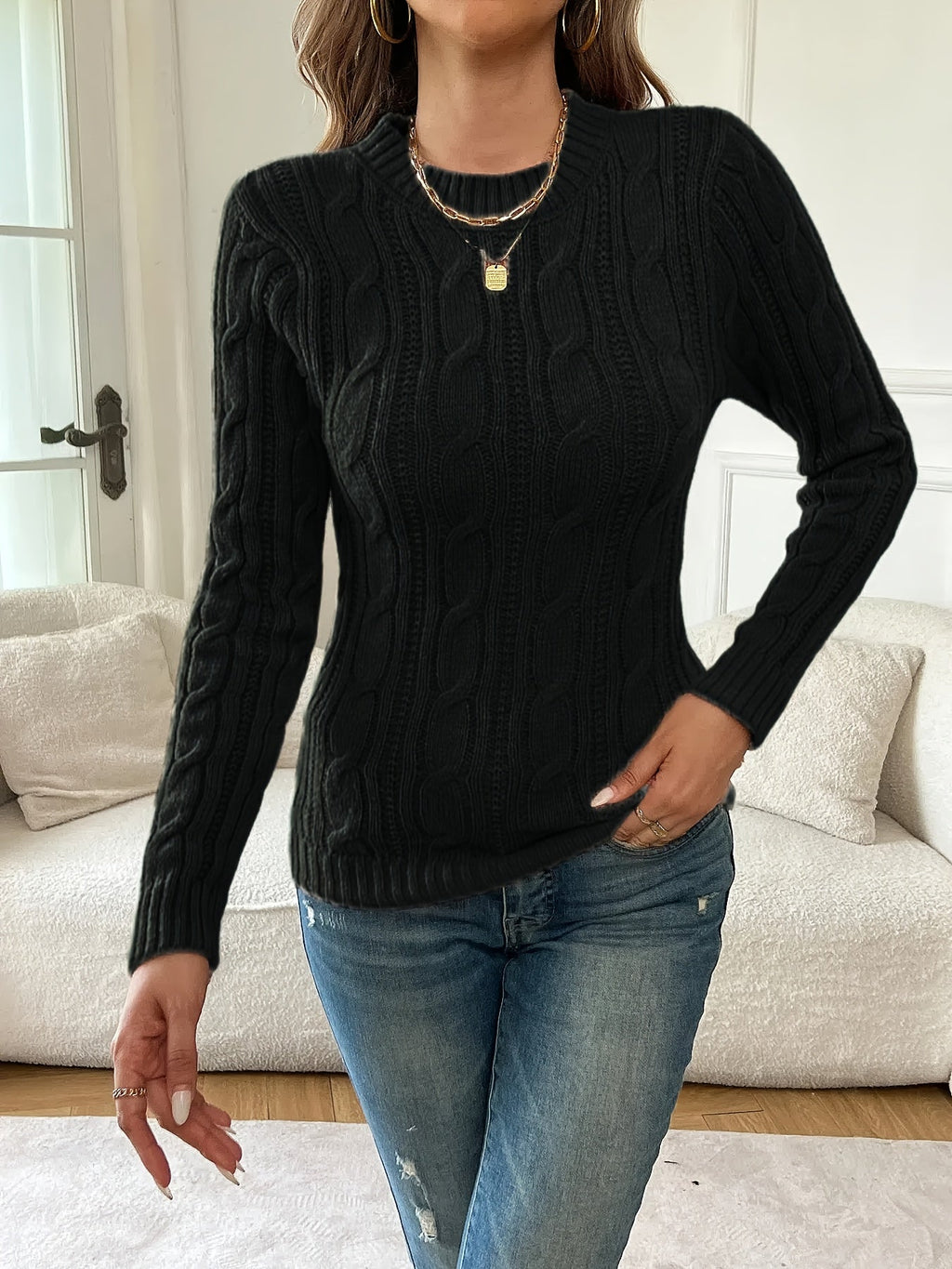 Jersey De Punto Trenzado Para Mujer | Cuello Redondo · SeemSeem