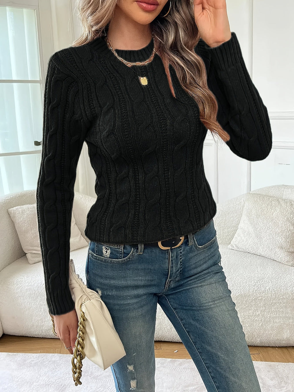 Jersey De Punto Trenzado Para Mujer | Cuello Redondo · SeemSeem