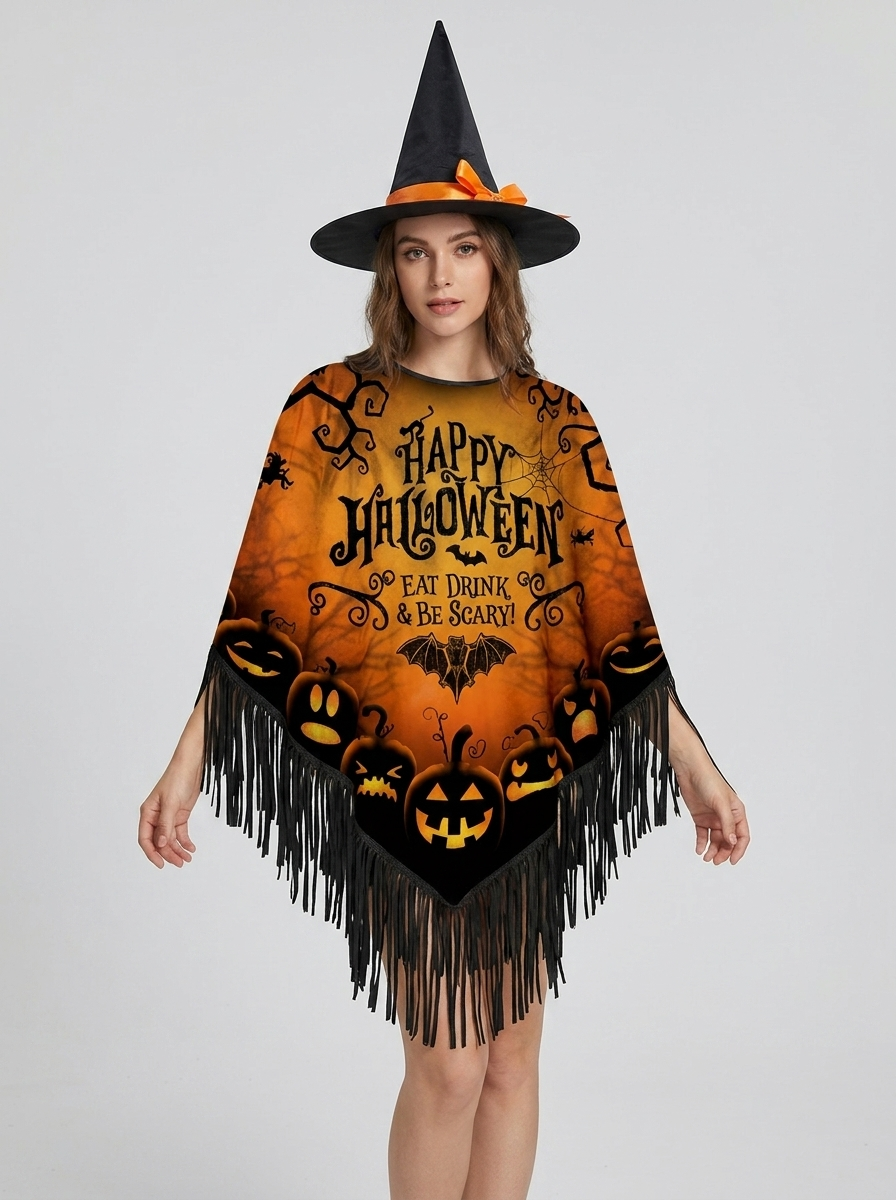 Poncho Con Flecos Para Mujer | Estampado Halloween