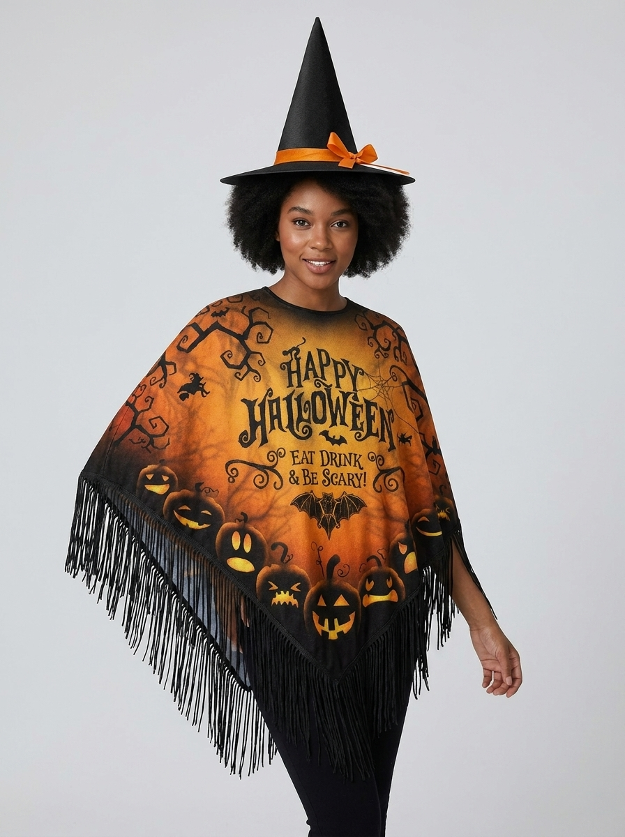 Poncho Con Flecos Para Mujer | Estampado Halloween