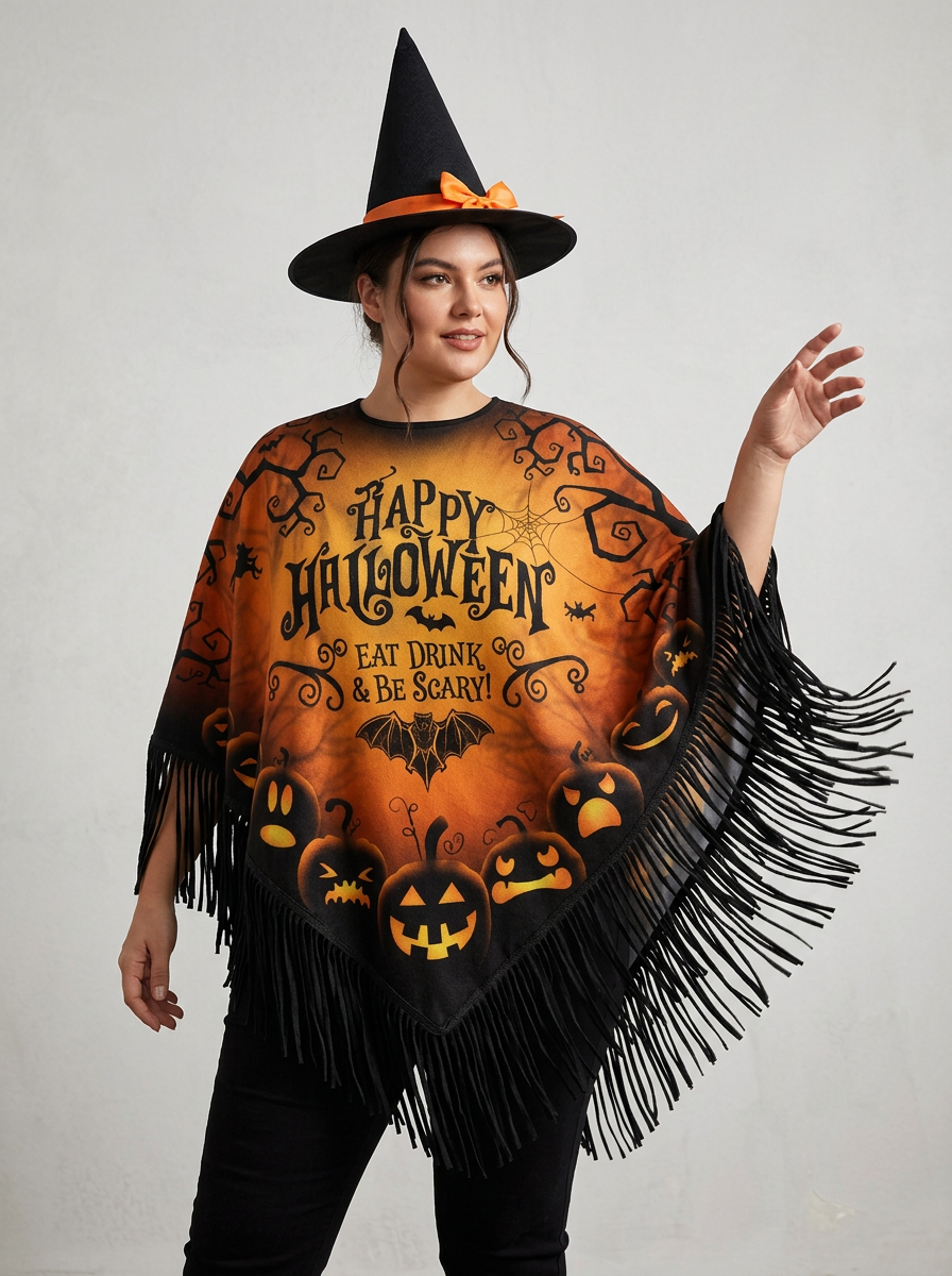 Poncho Con Flecos Para Mujer | Estampado Halloween