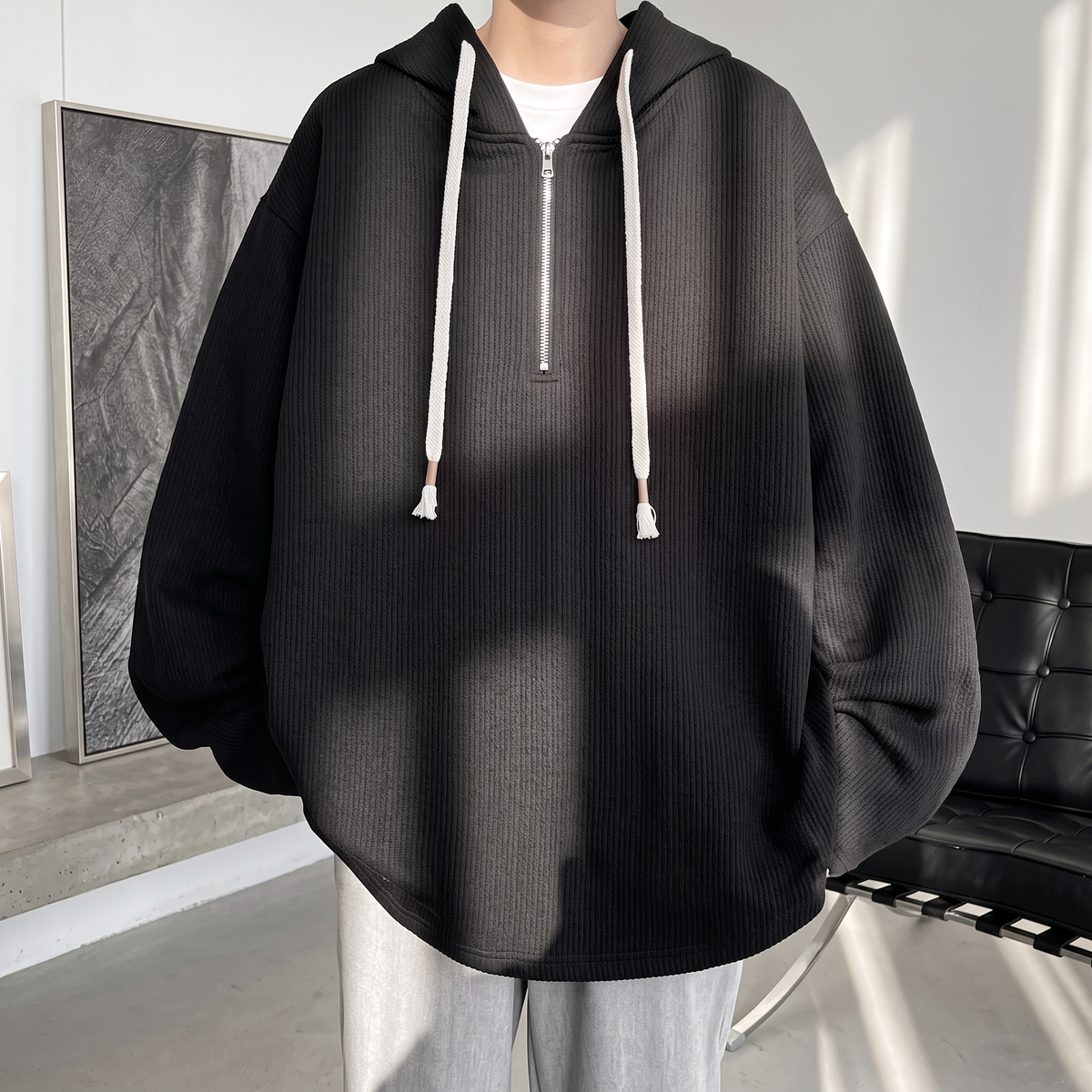 Sudadera Con Capucha Media Cremallera Para Hombre | Textura Acanalada · SeemSeem