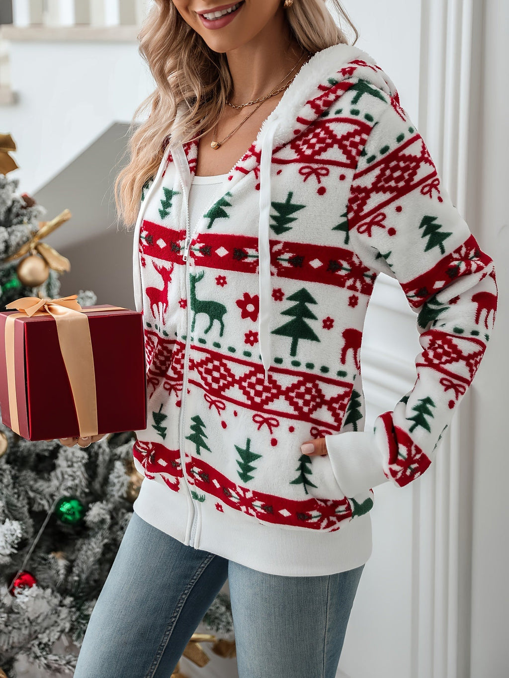 Sudadera Con Capucha Y Cremallera Para Mujer | Estampado Navideño · SeemSeem