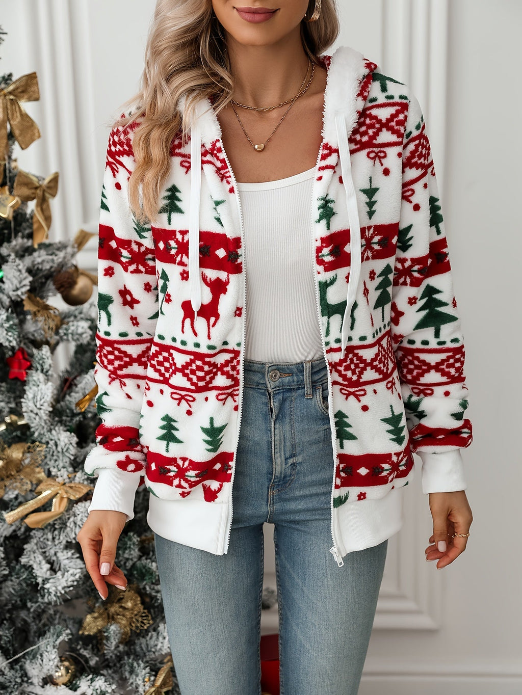 Sudadera Con Capucha Y Cremallera Para Mujer | Estampado Navideño · SeemSeem