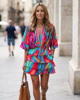 Vestido Con Cuello De Pico Para Mujer | Estampado Multicolor