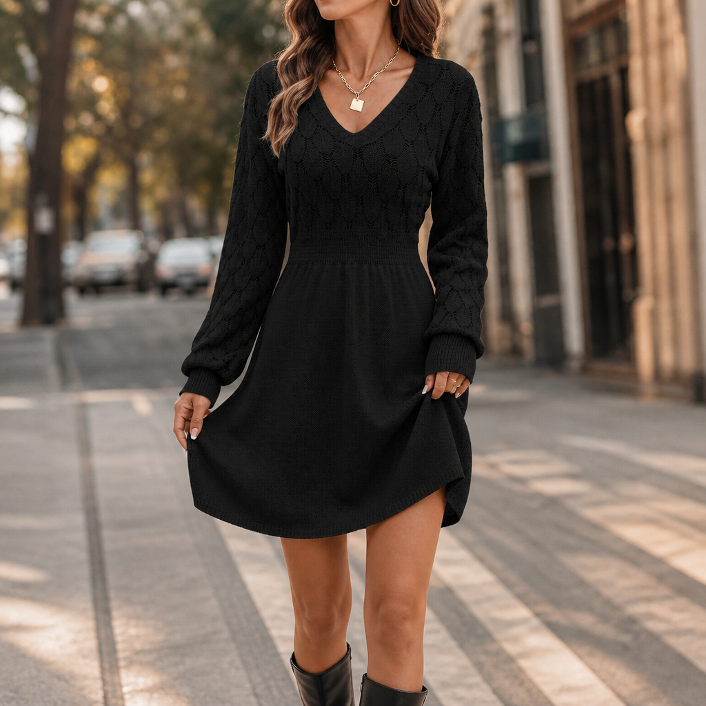 Vestido Con Cuello De Pico Para Mujer | Punto Calado · SeemSeem