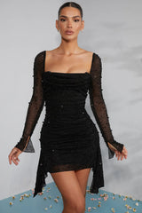 Vestido Corto Con Cuentas Para Mujer | Manga Transparente