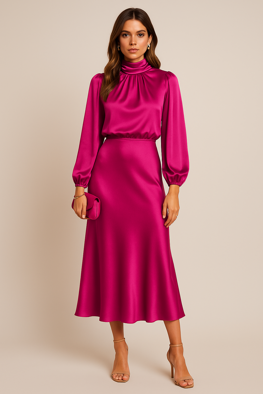Vestido Midi De Satén Para Mujer | Cuello Alto · SeemSeem