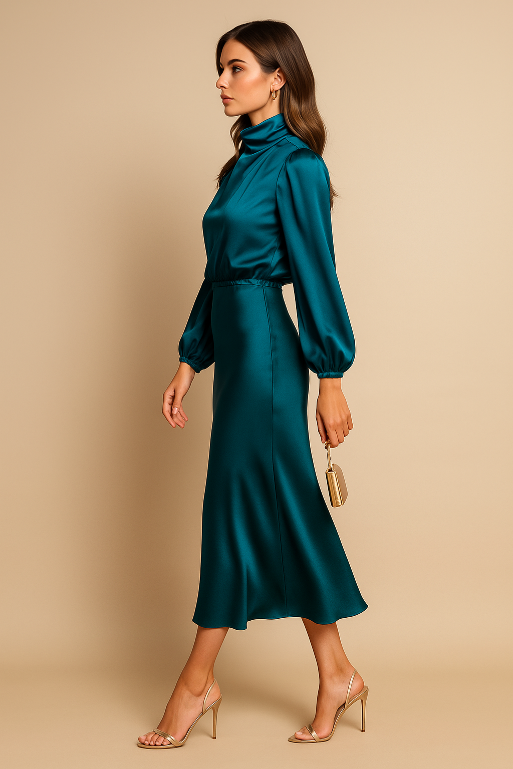 Vestido Midi De Satén Para Mujer | Cuello Alto · SeemSeem